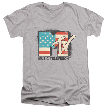 Athletic heather men's v-neck t-shirt with MTV American Logo graphic