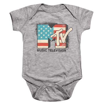 Athletic heather baby bodysuit with MTV American Logo graphic