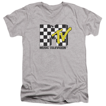 Athletic heather men's v-neck t-shirt with MTV Checker Board Logo graphic