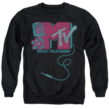 Black men's crewneck sweatshirt with MTV Microphone Logo graphic