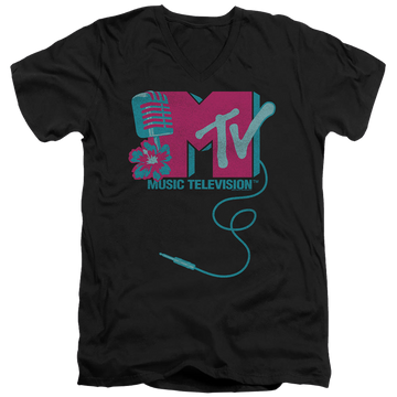 Black men's v-neck t-shirt with MTV Microphone Logo graphic