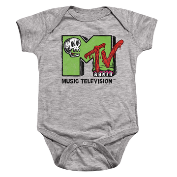 Athletic heather baby bodysuit with MTV Skull And Monster Teeth Logo graphic