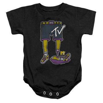 Black baby bodysuit with MTV Zombie Legs Logo graphic