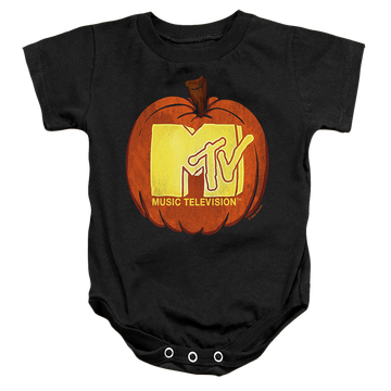 Black baby bodysuit with MTV Carved Pumpkin Logo graphic