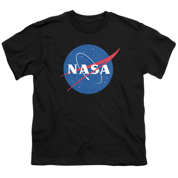 Black youth t-shirt for ages 8 to 12 with NASA Meatball Logo graphic