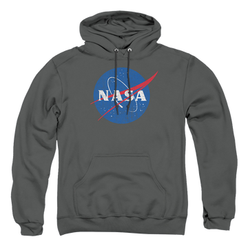 Charcoal pullover hoodie with NASA Meatball Logo Distressed graphic