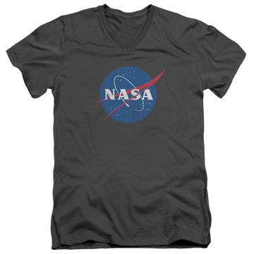 Charcoal men's v-neck t-shirt with NASA Meatball Logo Distressed graphic