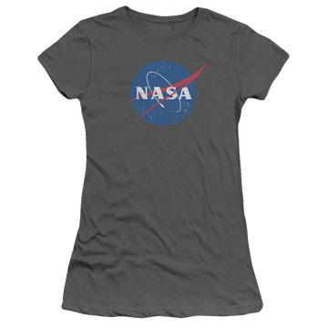 Charcoal juniors t-shirt with NASA Meatball Logo Distressed graphic