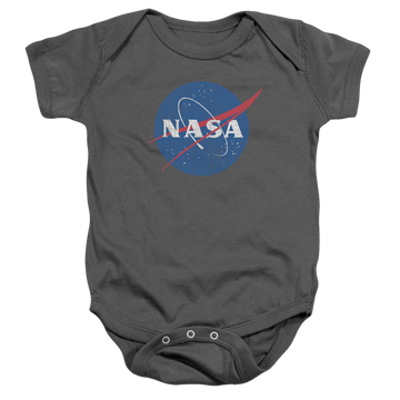 Charcoal baby bodysuit with NASA Meatball Logo Distressed graphic