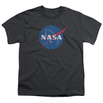 Charcoal youth t-shirt for ages 8 to 12 with NASA Meatball Logo Distressed graphic