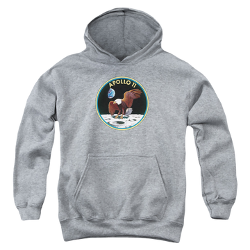 Athletic heather youth hoodie for ages 8 to 12 with NASA Apollo 11 graphic