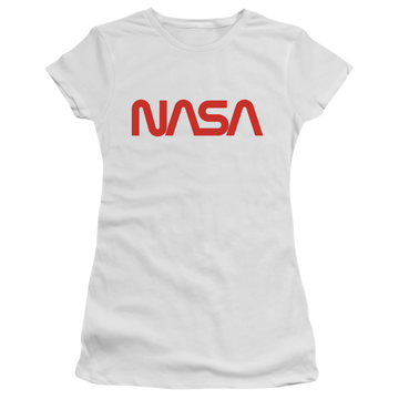 White juniors t-shirt with NASA Worm Logo graphic