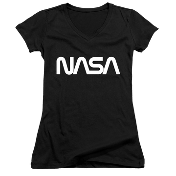 Black juniors v-neck t-shirt with NASA Worm Logo graphic