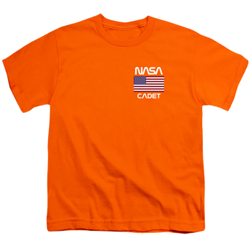 Orange youth t-shirt for ages 8 to 12 with NASA Cadet graphic