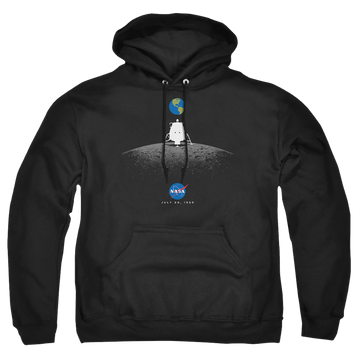 Black pullover hoodie with NASA Moon Landing Simple graphic
