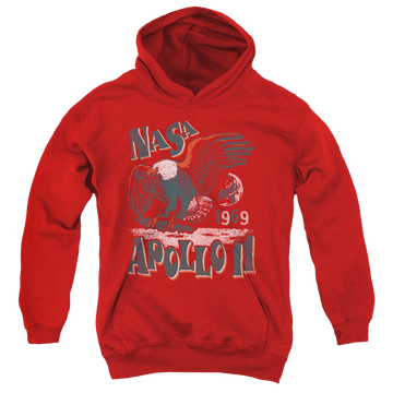 Red youth hoodie for ages 8 to 12 with NASA Apollo 11 graphic