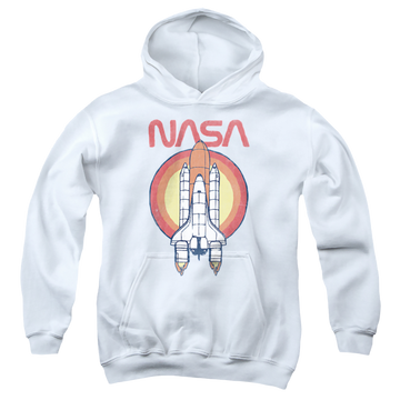 White youth hoodie for ages 8 to 12 with NASA Shuttle Circle graphic