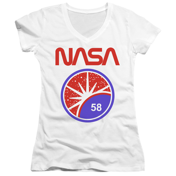 White juniors v-neck t-shirt with NASA Stars graphic