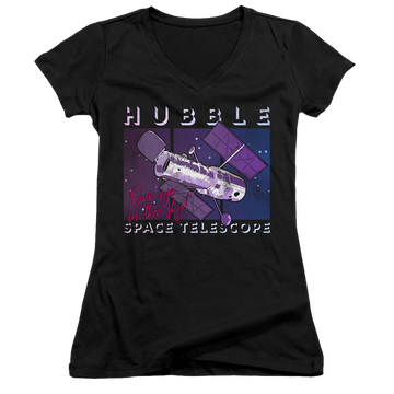 Black juniors v-neck t-shirt with NASA Eye In The Sky graphic