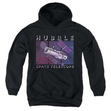 Black youth hoodie for ages 8 to 12 with NASA Eye In The Sky graphic