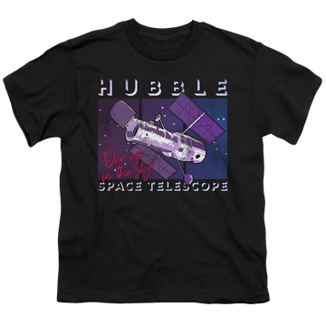 Black youth t-shirt for ages 8 to 12 with NASA Eye In The Sky graphic