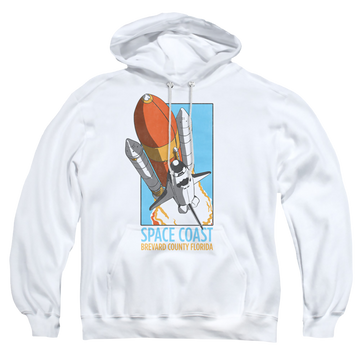 White pullover hoodie with NASA Space Coast graphic
