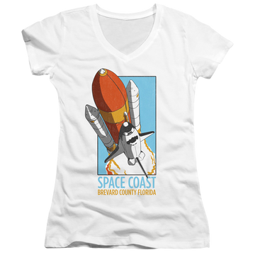 White juniors v-neck t-shirt with NASA Space Coast graphic