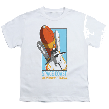 White youth t-shirt for ages 8 to 12 with NASA Space Coast graphic