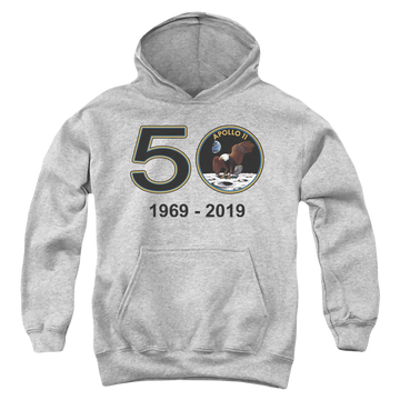 Athletic heather youth hoodie for ages 8 to 12 with NASA Apollo 11 50Th graphic