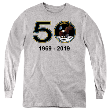 Athletic heather youth long sleeve t-shirt with NASA Apollo 11 50Th graphic