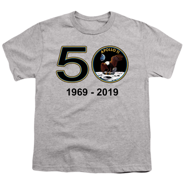 Athletic heather youth t-shirt for ages 8 to 12 with NASA Apollo 11 50Th graphic