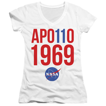White juniors v-neck t-shirt with NASA 1969 graphic