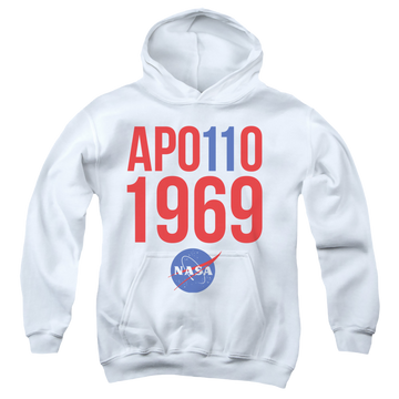 White youth hoodie for ages 8 to 12 with NASA 1969 graphic