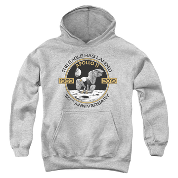 Athletic heather youth hoodie for ages 8 to 12 with NASA Apollo Circle 50Th graphic