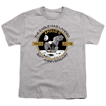 Athletic heather youth t-shirt for ages 8 to 12 with NASA Apollo Circle 50Th graphic