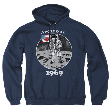 Navy pullover hoodie with NASA Not Fake graphic