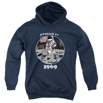 Navy youth hoodie for ages 8 to 12 with NASA Not Fake graphic