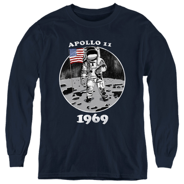 Navy youth long sleeve t-shirt with NASA Not Fake graphic