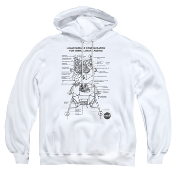 White pullover hoodie with NASA Lunar Module Digram graphic