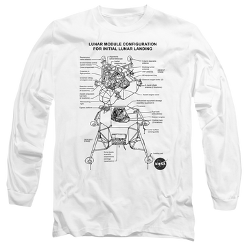White men's long sleeve t-shirt with NASA Lunar Module Digram graphic