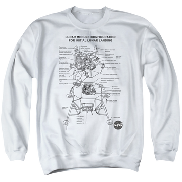 White men's crewneck sweatshirt with NASA Lunar Module Digram graphic