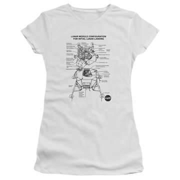 White juniors t-shirt with NASA Lunar Module Digram graphic