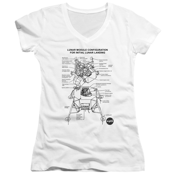 White juniors v-neck t-shirt with NASA Lunar Module Digram graphic