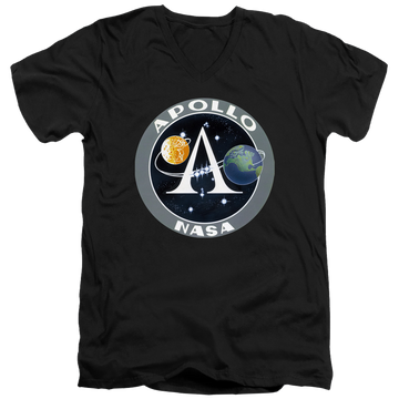 Black men's v-neck t-shirt with NASA Apollo Mission Patch graphic