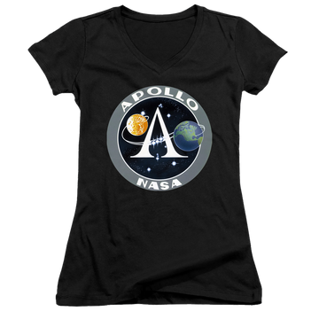 Black juniors v-neck t-shirt with NASA Apollo Mission Patch graphic