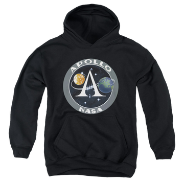 Black youth hoodie for ages 8 to 12 with NASA Apollo Mission Patch graphic