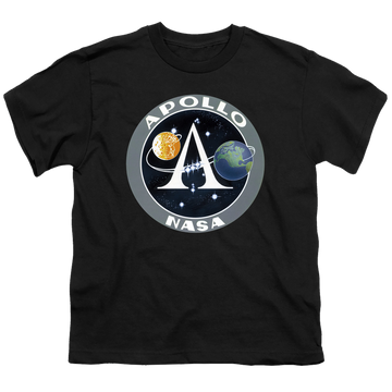 Black youth t-shirt for ages 8 to 12 with NASA Apollo Mission Patch graphic