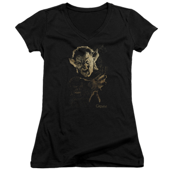Black juniors v-neck t-shirt with Grimm Murcielago graphic