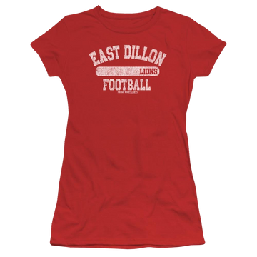 Red juniors t-shirt with Friday Night Lights Lions Pill Box graphic