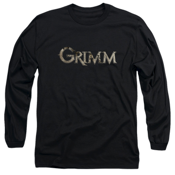 Black men's long sleeve t-shirt with Grimm Logo graphic
